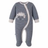 Grey striped baby romper with feet and hedgehog embroidery