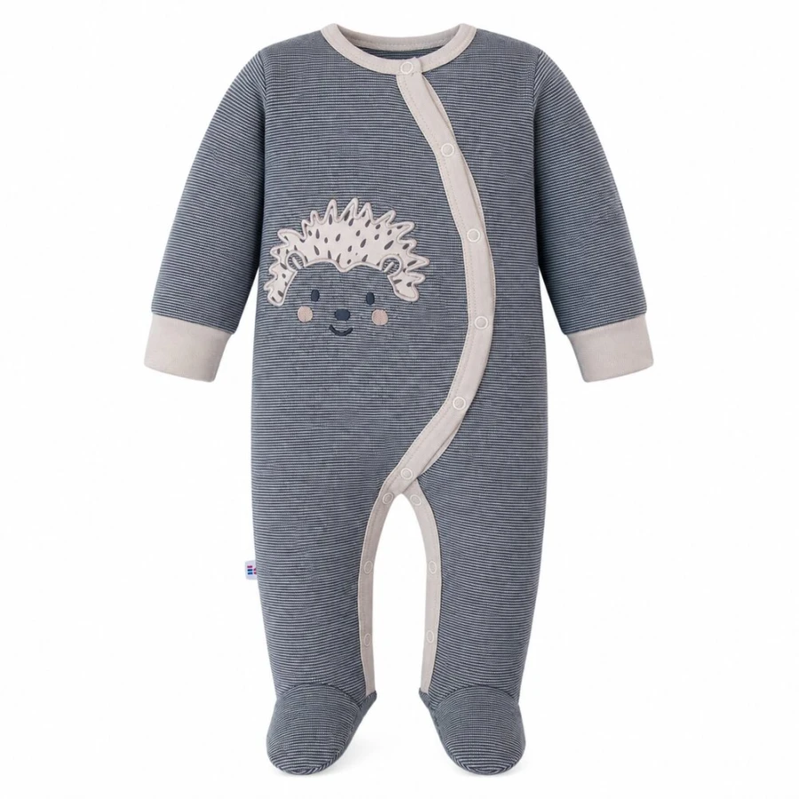 Grey striped baby romper with feet and hedgehog embroidery