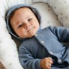 Blue knitted baby romper with hood