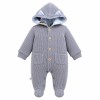 Blue knitted baby romper with hood