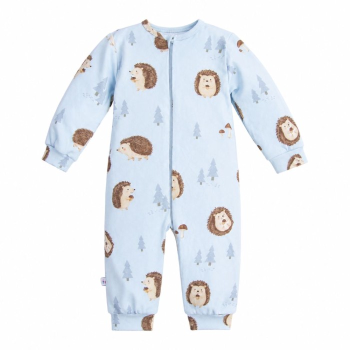 Blue children's romper without feet with hedgehogs