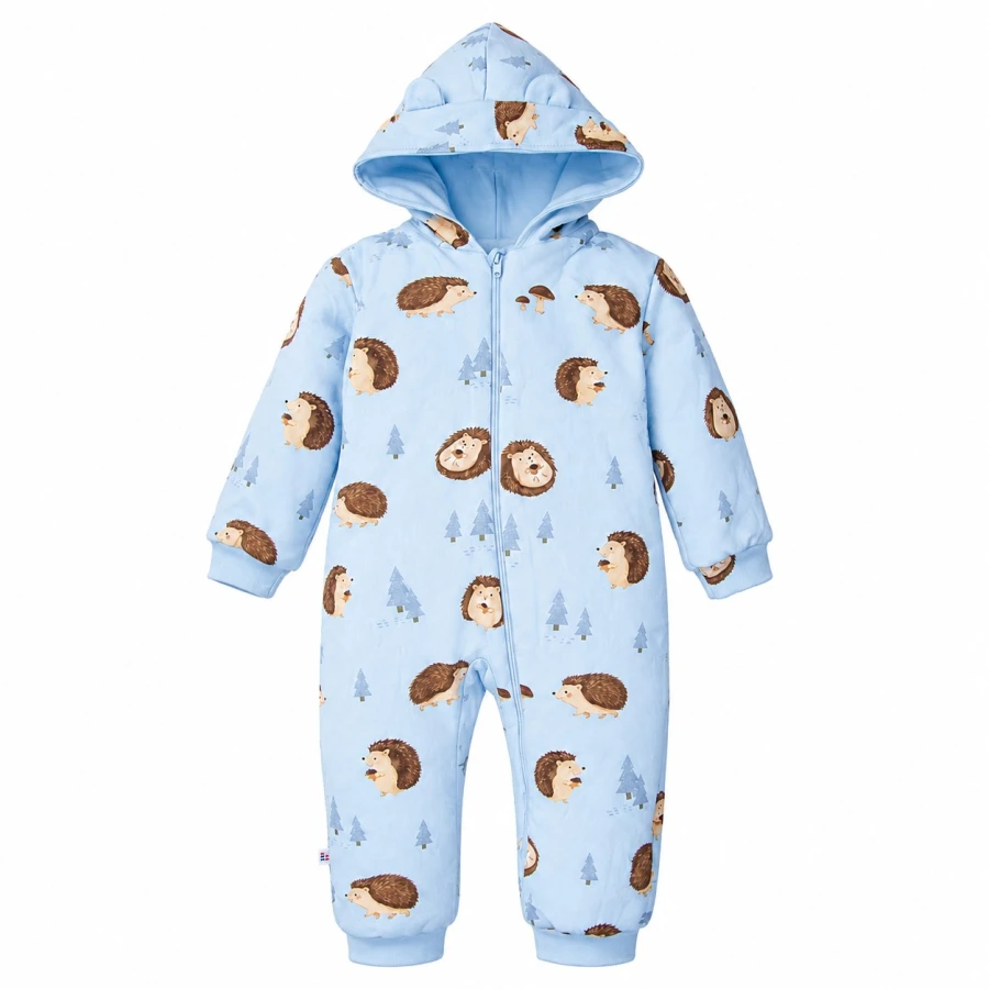 Blue baby tracksuit romper without feet with hedgehog print