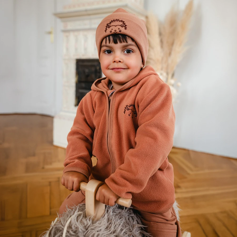 Brown children's fleece jacket with hedgehog embroidery