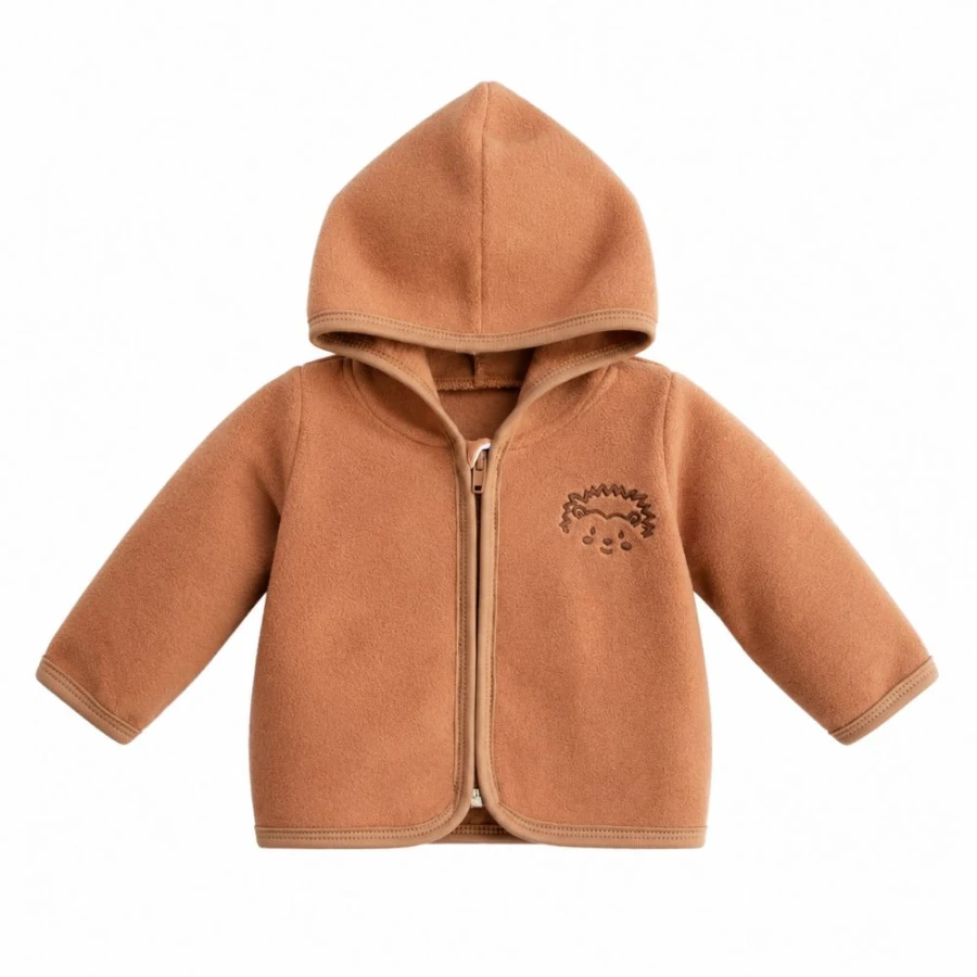 Brown children's fleece jacket with hedgehog embroidery