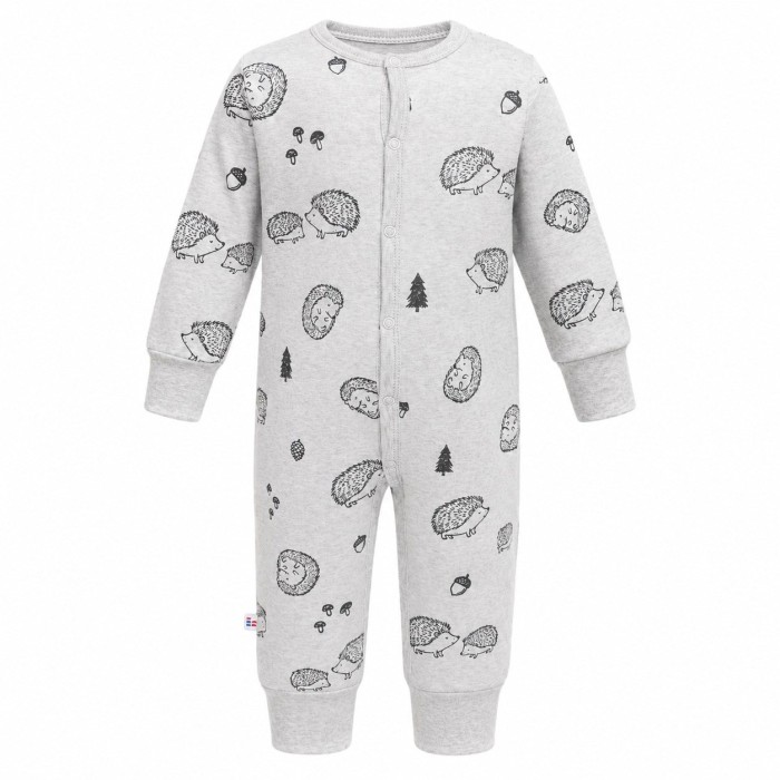 Grey baby sleepsuit without feet with hedgehog print
