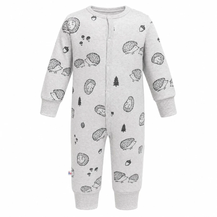 Grey baby sleepsuit without feet with hedgehog print