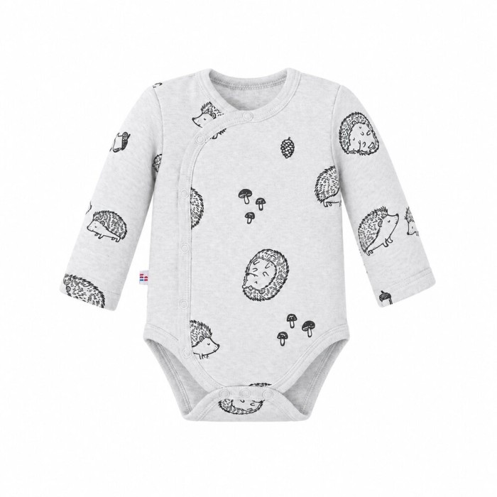 Grey baby wrap bodysuit with hedgehog print