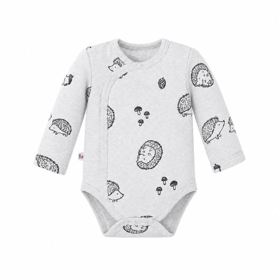 Grey baby wrap bodysuit with hedgehog print