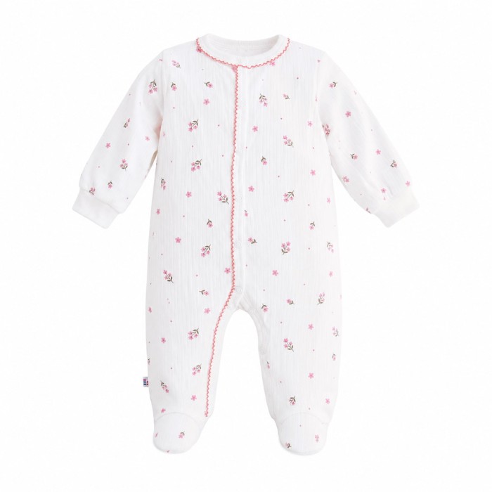 Baby romper with feet white with floral pattern