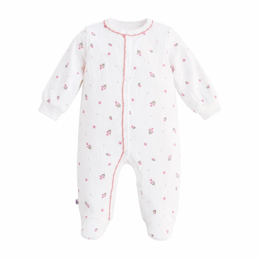 Baby romper with feet white with floral pattern