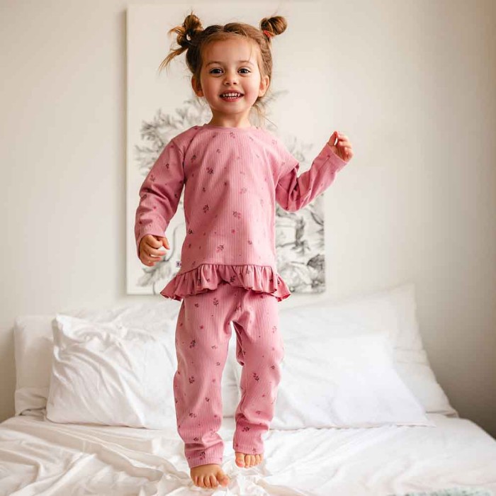 Girls' ruffled pyjama set pink with flowers