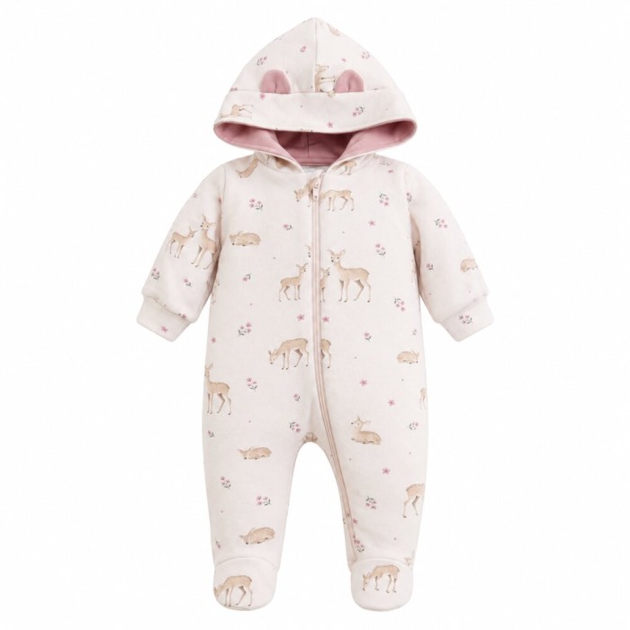 Baby romper with feet ecru with deer pattern