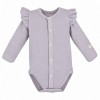 Grey baby bodysuit with ruffles and full front opening