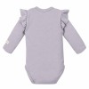 Grey baby bodysuit with ruffles and full front opening