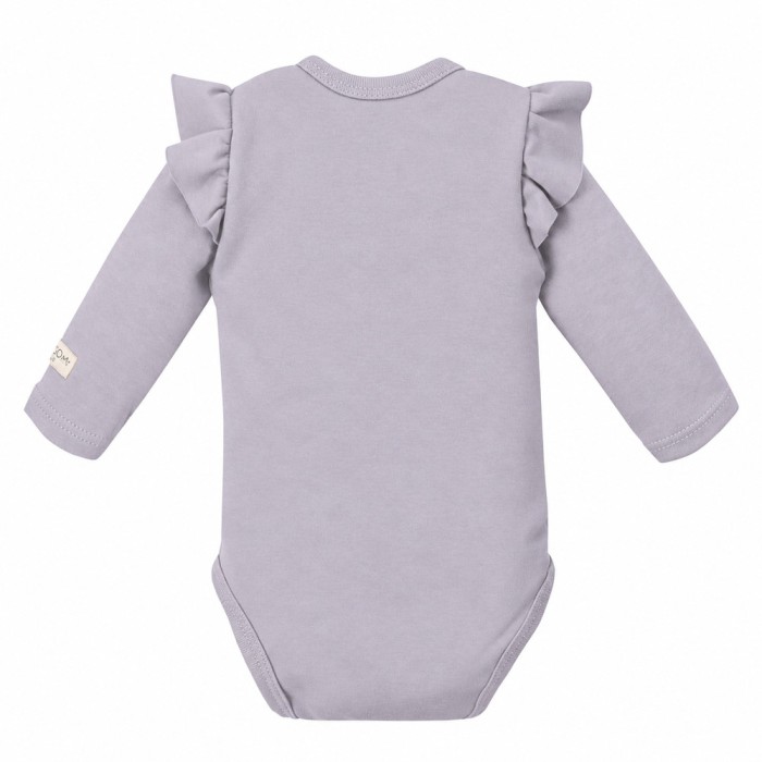 Grey baby bodysuit with ruffles and full front opening