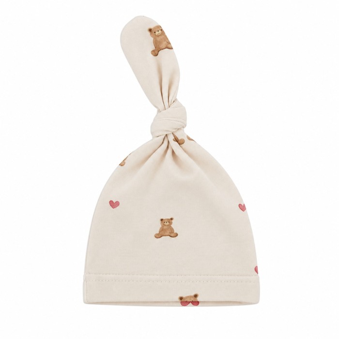 Ecru baby hat with bears and hearts