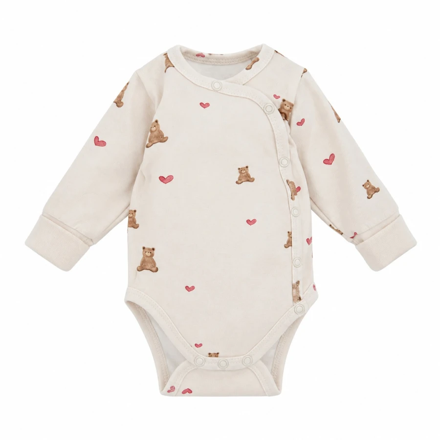 Grow-with-me ecru baby bodysuit with bears and hearts