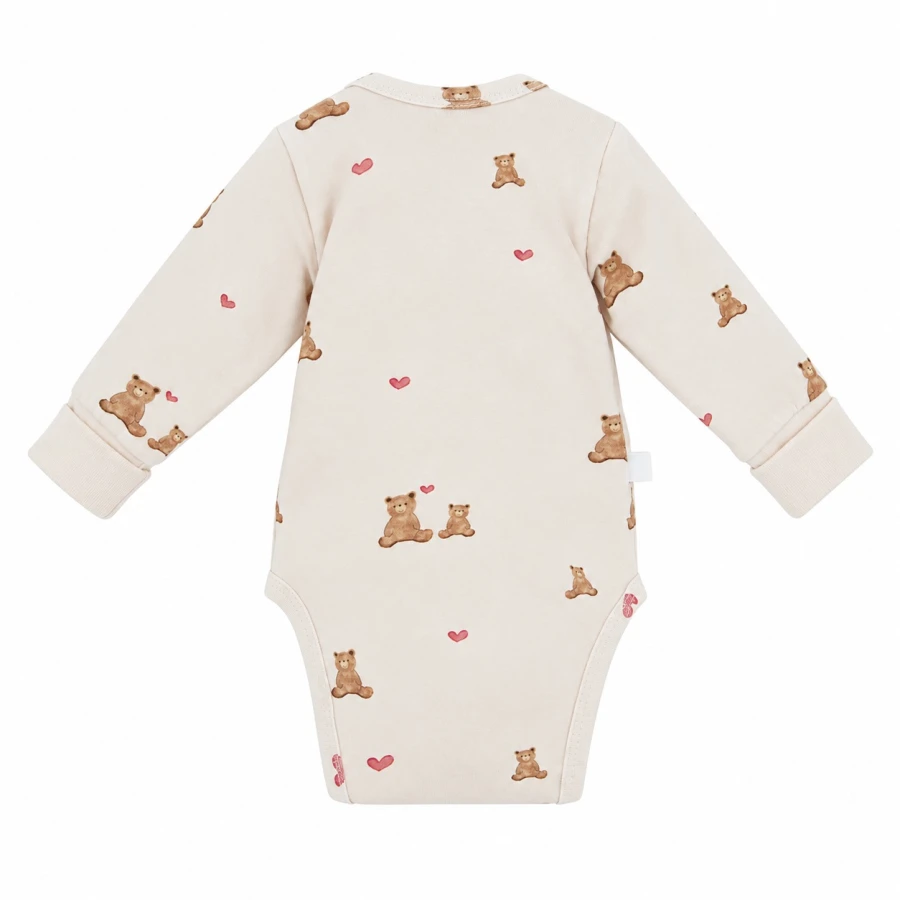 Grow-with-me ecru baby bodysuit with bears and hearts
