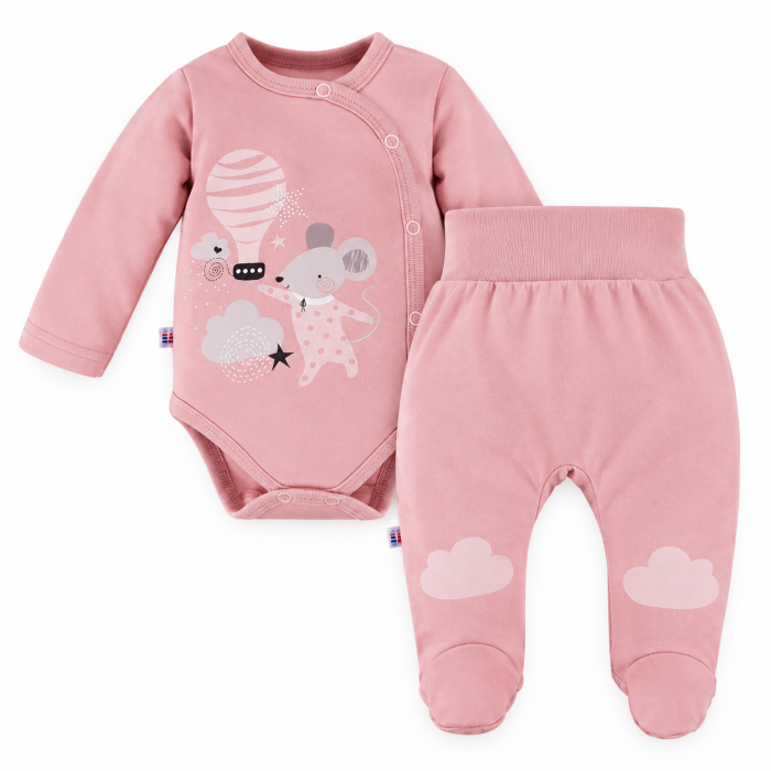 Kojenecká souprava Mellow – zavinovací body a polodupačky, růžová