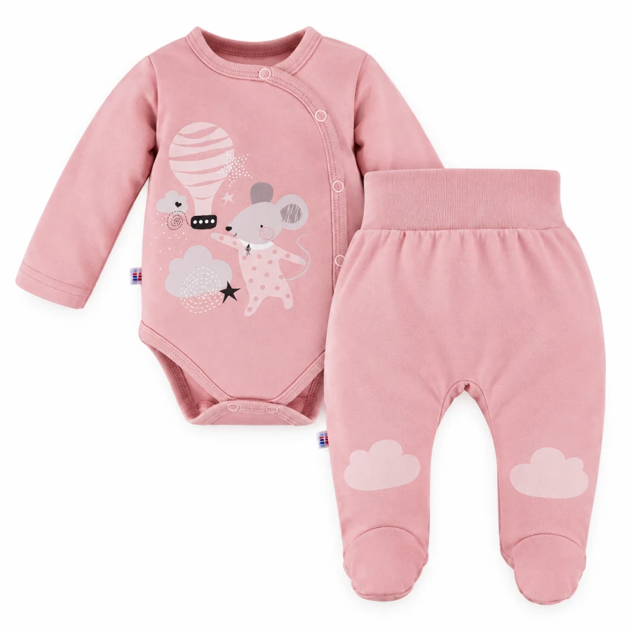 Kojenecká souprava Mellow – zavinovací body a polodupačky, růžová