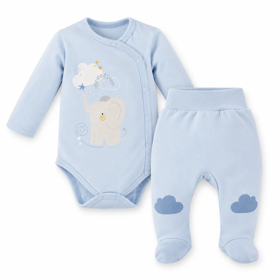 Kojenecká souprava Mellow – zavinovací body a polodupačky, modrá