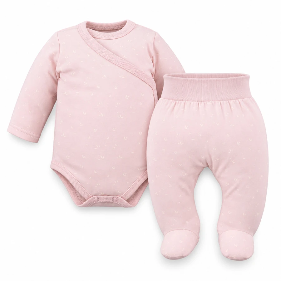 Kojenecká souprava Petite – zavinovací body a polodupačky, růžová s kvítky