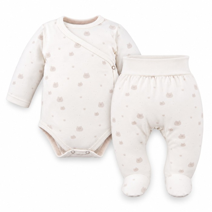 Petite Baby Set – Ecru Wrap Bodysuit and Footed Pants with Teddy Bears
