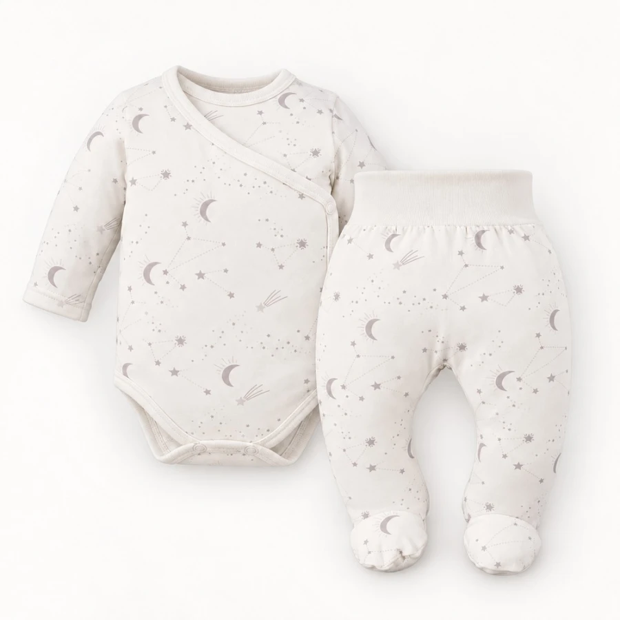 Petite Baby Set – Ecru Wrap Bodysuit and Footed Pants with Stars and Moons
