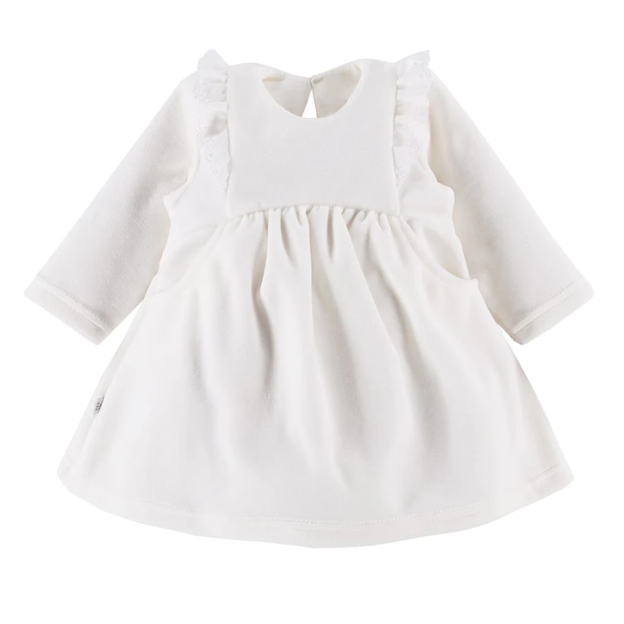 Velvet dress with frills ecru