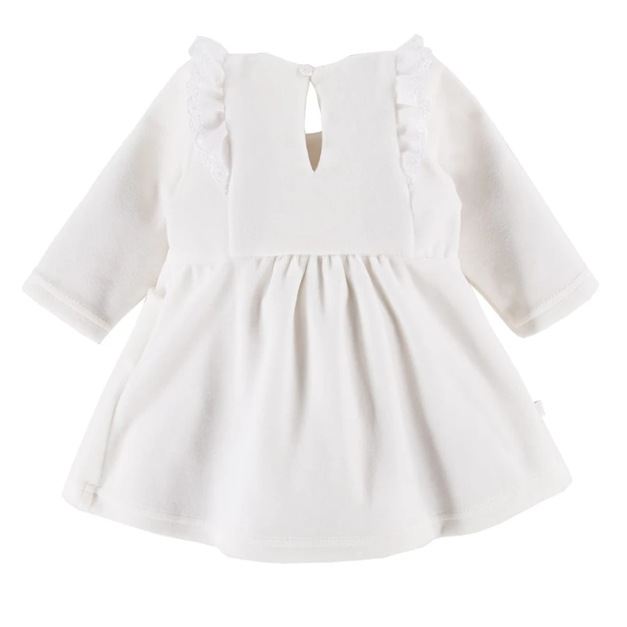 Velvet dress with frills ecru