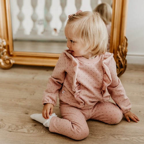 Dětská mikina s puntíkovanými volánky růžová