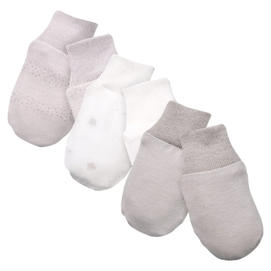 Beige Baby Scratch Mittens 3-Pack with Bear Motif