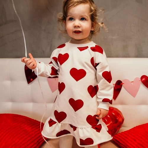 White dress with maroon hearts