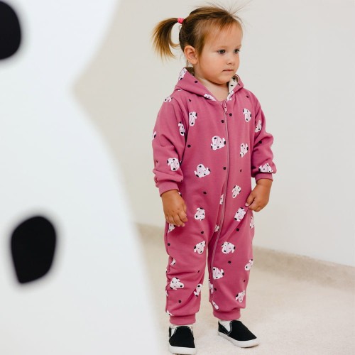 Hooded jampsuit raspberry pink with dalmatians pattern